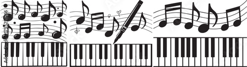 Aesthetic music background with piano keys and flying musical notes, perfect for concert posters, music school designs, creative sound themes, and artistic melody illustrations.
