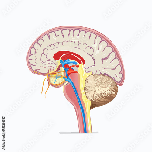 Illustration of a human brain in sagittal section showing internal structures and anatomy.