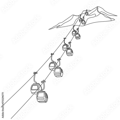 Vector art of a simple line drawing depicting a ski lift with multiple gondolas ascending a mountain slope, conveying a sense of travel and elevation