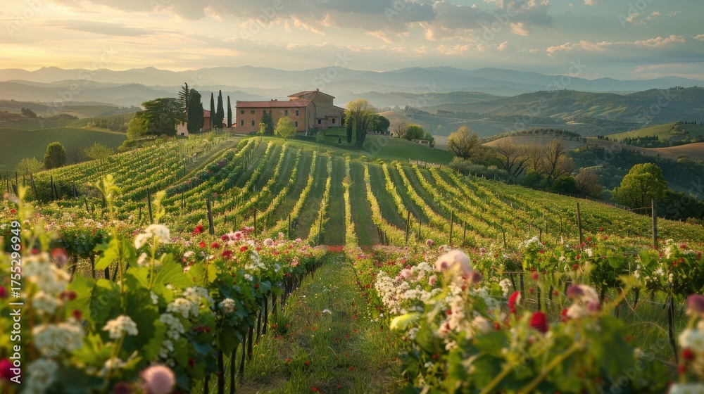 Naklejka premium Rustic_Italian_vineyard_in_spring_bloom_wildflow