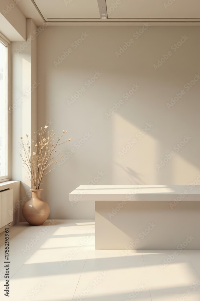 Fototapeta premium Serene Minimalist Interior Design Featuring a Simple White Table and Dried Floral Arrangement in a Light-Filled Room
