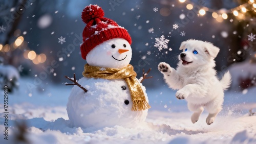 A Cute White and Brown Cat Playing Happily Next to a Snowman on a Winter Day