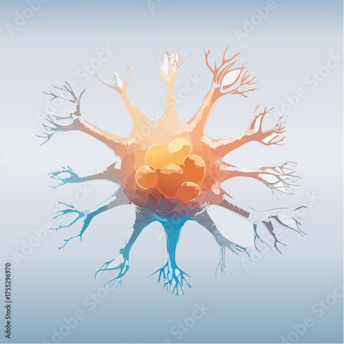 Abstract illustration of a biological cell with branching dendrites and a central nucleus, showing a warm to cool color gradient on a light blue background.