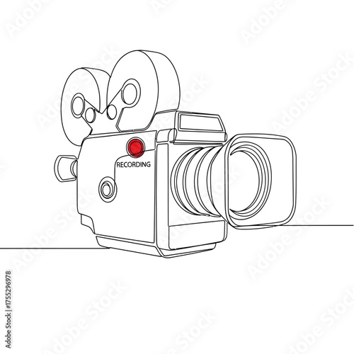Vector art of an illustration of an oldfashioned movie camera with a red recording light illuminated, symbolizing filmmaking, production, and cinema
