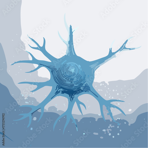 An artistic illustration of a neuron cell, showcasing its intricate structure and branching dendrites.