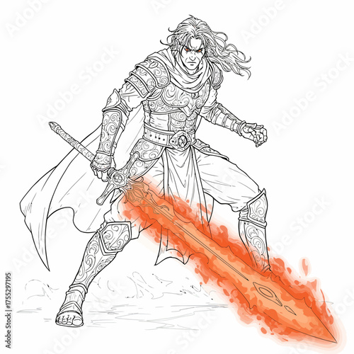Vector art of a fierce warrior with long flowing hair wields a flaming sword, depicted in a dynamic pose with a cloak billowing behind him, ready for battle in a fantasy setting