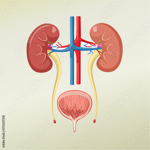 Illustration of the human urinary system featuring kidneys, ureters, and bladder.
