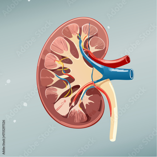 Anatomical illustration of a human kidney cross-section showing internal structures and blood vessels.