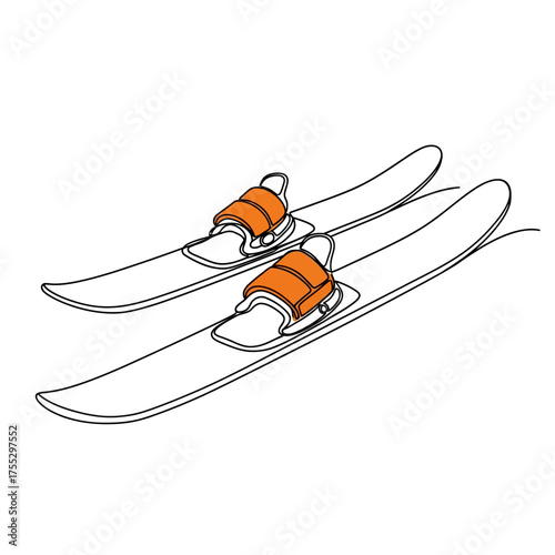 Vector art of a simple line art illustration of a pair of water skis with orange bindings, ready for use on the water, representing water sports, recreation, and summer activities