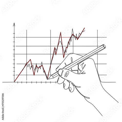 Vector art of hand drawing a fluctuating stock market graph with a pencil, representing financial growth, analysis, and investment trends