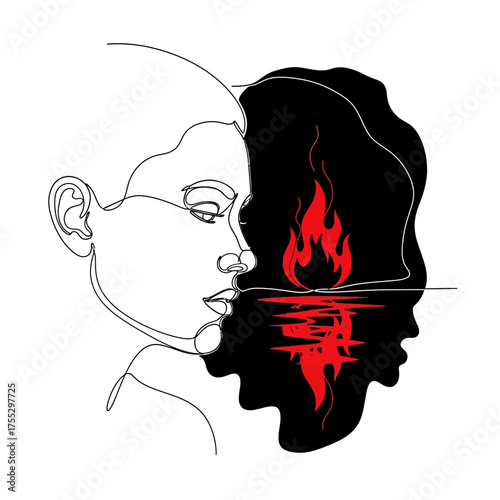 Vector art of abstract profile of a persons face with a dark, fiery silhouette representing inner turmoil, passion, or a hidden struggle