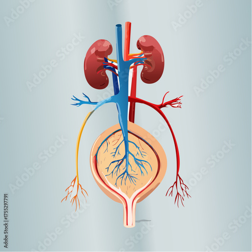 Anatomical illustration of the human urinary system showing kidneys, ureters, and bladder with major blood vessels.