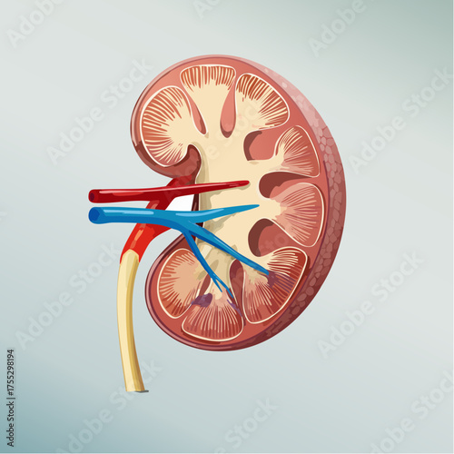 Anatomical illustration of a human kidney showing its internal structure and blood vessels.