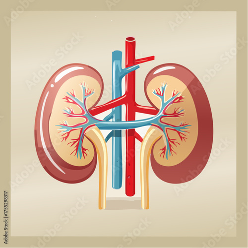 Anatomical illustration of the human kidneys, showcasing the internal structure and blood vessels.