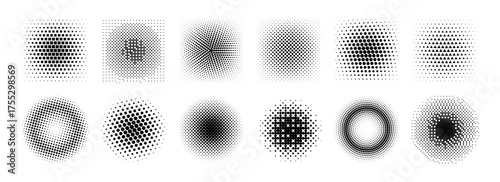 Halftone radial gradient collection. Dotted textured round and square patterns. Cartoon faded background set. Pixelated bitmap element pack for frame, poster, collage, banner. Vector comic bundle