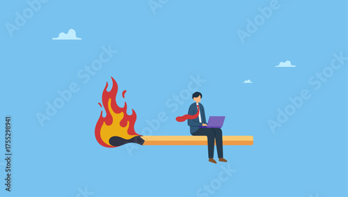 Desperate businessman working with laptop on burning matchstick. Burnout from overworked or pressure to finish within deadline, frustration or exhausted worker, despair employee or trouble.