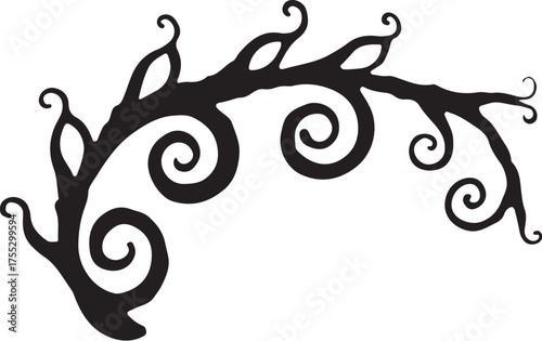 Black swirling vine with leaves and tendrils curl leaf