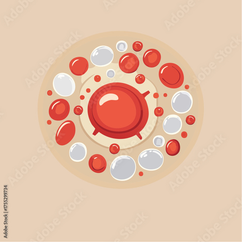 Close-up illustration of a red blood cell surrounded by white blood cells and platelets.