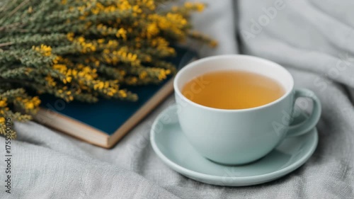 Heritage tea practice, showcasing a cup of tea and flowers.