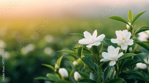 Heritage tea practice, blooming flowers in a serene tea garden.