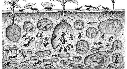 Ant colony illustration ants nest underground chambers tunnels workers queen larvae eggs plants roots