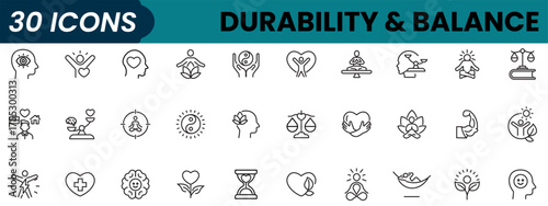 Set of icon representing durability, balance, vitality, and relaxation in outline style, designed for wellness and healthy lifestyle concepts, editable stroke vector illustration.