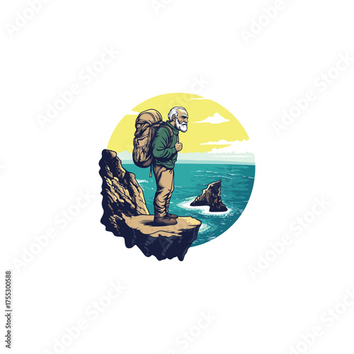 illustration of an elderly male hiker or traveler with a large backpack, standing on a rocky cliff overlooking the ocean under a bright sky
