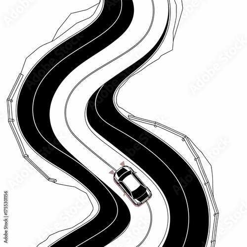 Vector art of a stylized, highangle view of a single white car navigating a winding, black and white road with white borders