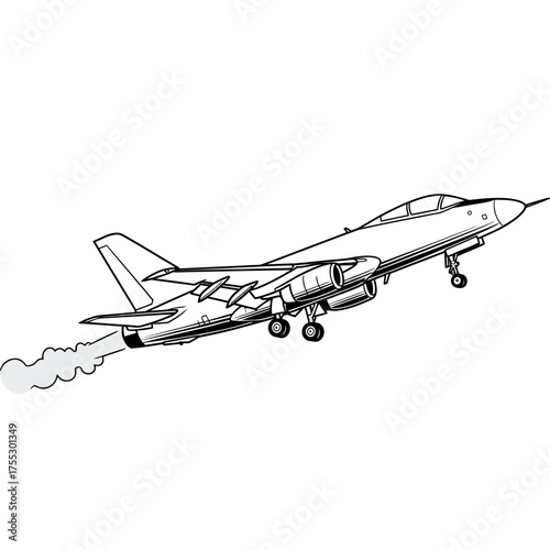 Vector art of a black and white line drawing of a fighter jet airplane in flight, with smoke trailing from its engine