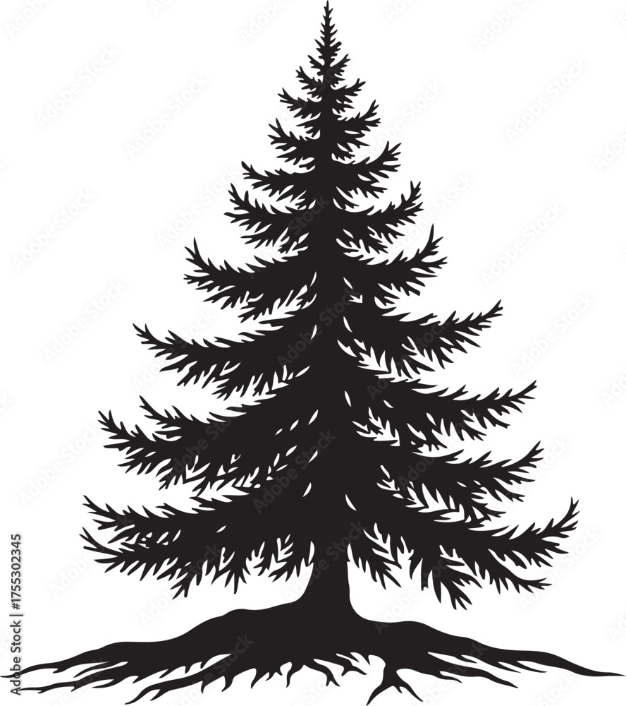Obraz premium Black silhouette of a pine tree with exposed roots