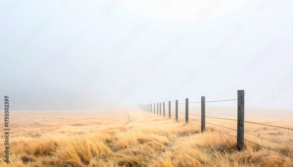 Obraz premium Rustic Fence Leading into Foggy Horizon Tranquil Countryside Landscape