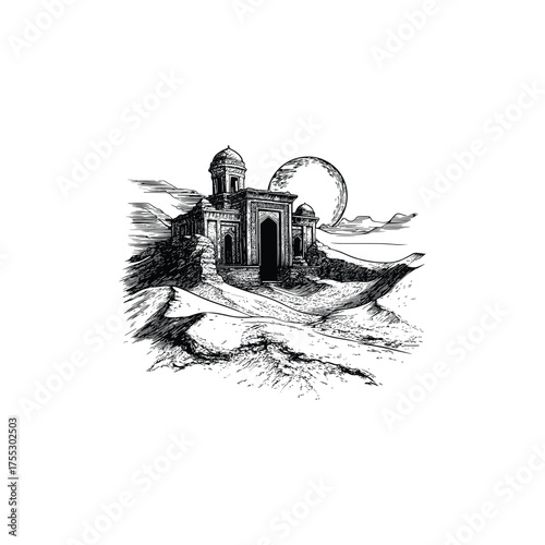 Detailed black and white engraving illustration of an ancient tomb or temple ruin situated on desolate sand dunes under a large moon or sun