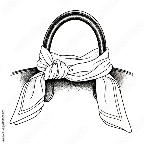 Illustration of a silk scarf tied elegantly around the handle of a handbag, showcasing fashion accessory, style, and luxury