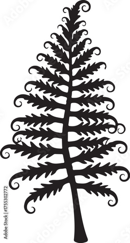 Black silhouette of a fern frond with curled tips white