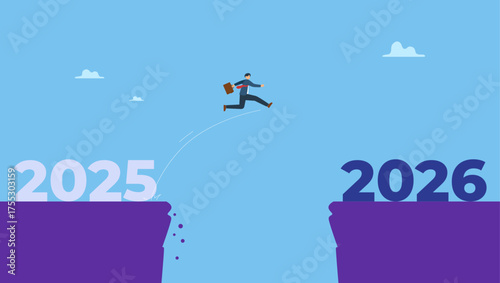 Confident businessman attempt to jump high overcome risk to next cliff. New year 2026 hope for business recovery, change year from 2025 to 2026 calendar or new challenge coming.