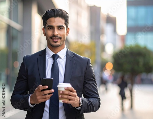Smiling Businessman Holding Coffee and Phone Outdoors