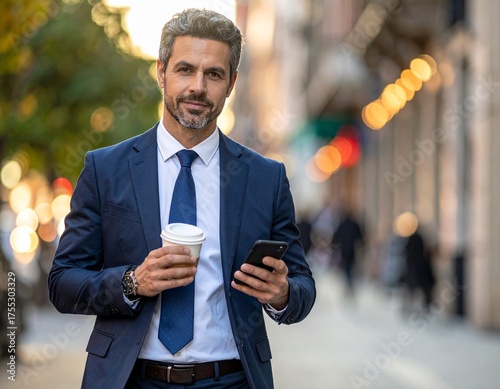Confident businessman holding coffee and smartphone walking in city street