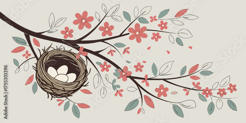 handcrafted decorative bird nest hanging in a floral spring themed arrangement on  grey backdrop.