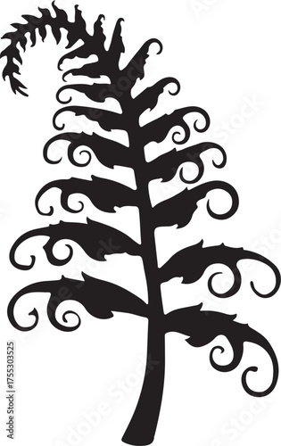 Black silhouette of a curling fern frond white