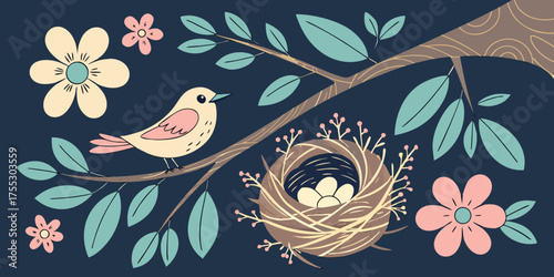 handcrafted decorative bird nest hanging in a floral spring themed arrangement on dark blue backdrop.