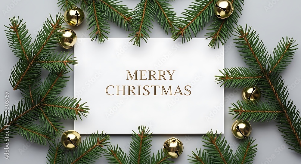 Fototapeta premium A festive Christmas card with a white sheet of paper in the center, surrounded by green pine branches and golden baubles.