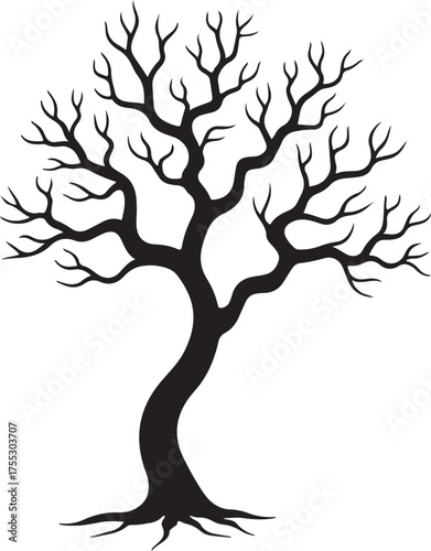 Black silhouette of a bare tree with twisting branches
