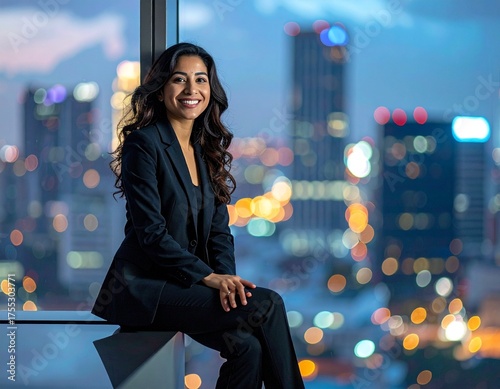 Confident Businesswoman Smiling by City Skyline at Dusk - Professional Woman, Success, Urban Life