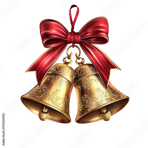 Ornate golden bells adorned with a red bow, isolated on transparent background, create a festive and elegant atmosphere, perfect for holiday greetings
