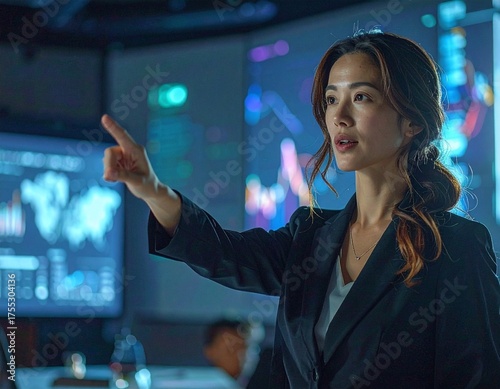 Asian Woman Pointing at Futuristic Data Analytics Screen, Businesswoman in Tech