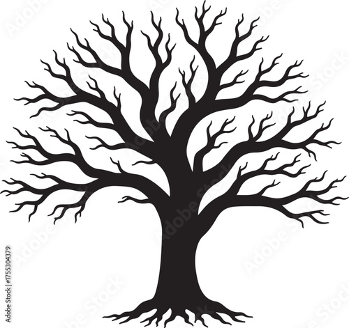 Black silhouette of a bare tree with spreading branches