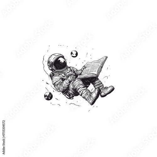 Detailed black and white engraving-style illustration of an astronaut floating in zero gravity, engrossed in reading a large newspaper or book, with planets floating nearby