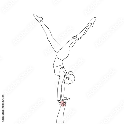 Vector art of line art illustration of a gymnast performing a handstand on another persons hands