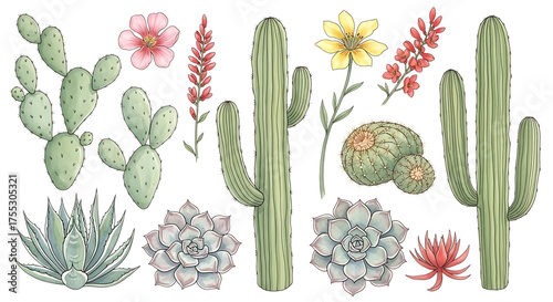 Fototapeta Naklejka Na Ścianę i Meble -  Watercolor cactus and succulent collection isolated on transparent background, desert plant with flower, botanical illustration for decoration and design element