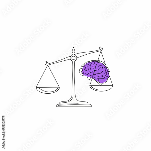 Vector art of one line art illustration of a balance scale with a brain on one side